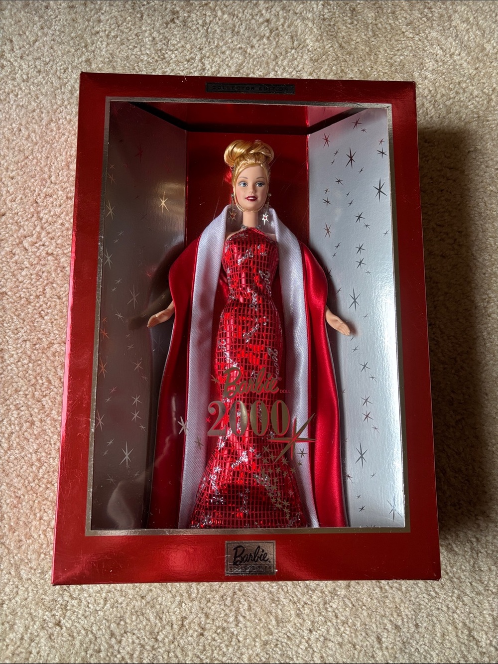 Barbie Red Sequin Evening Gown with White Lined Cape - Barbie